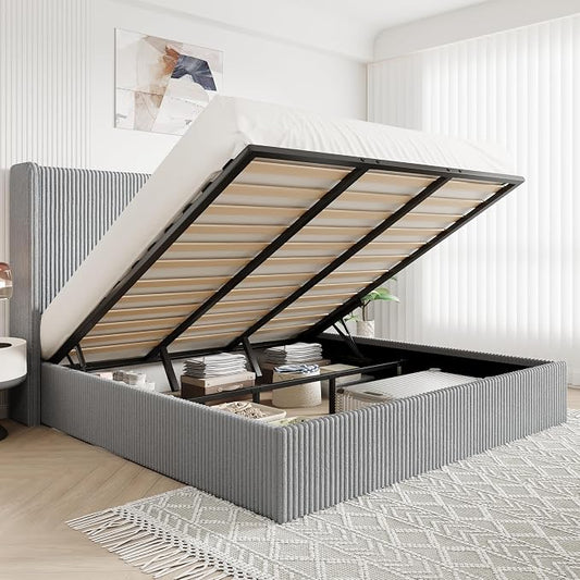 Allewie King Lift-Up Storage Bed Frame with Modern Wingback Headboard, Corduroy Upholstered Platform Bed, Hydraulic Gas Lift Support, Underbed Storage, Wooden Slats, No Box Spring Needed, Grey