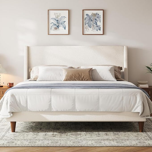 Merax Solid Wood Queen Size Boucle Bed Frame with Wingback Headboard, Modern Upholstered Platform with Walnut Wooden Legs, Strong Wooden Slats, No Box Spring Needed, Easy Assembly, Noise-Free, Ivory