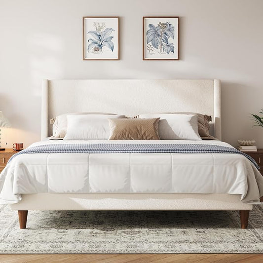 Merax Solid Wood King Size Boucle Bed Frame with Wingback Headboard, Modern Upholstered Platform with Walnut Wooden Legs, Strong Wooden Slats, No Box Spring Needed, Easy Assembly, Noise-Free, Ivory
