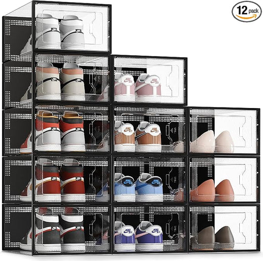 SEE SRPING XX-Large Shoe Storage Box Fit Size 14, Clear Plastic Stackable Shoe Organizer for Closet, Shoe Rack Sneaker Containers Bins Holders, Drawer Organize Unit, 12 Pack Black