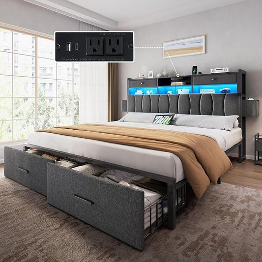 YITAHOME King Size with 2 Storage Drawers and Charging Station, Linen Upholstered Platform Bed with Storage Headboard and LED Light, Heavy Duty Metal Support, No Box Spring Needed, Noise Free, Grey
