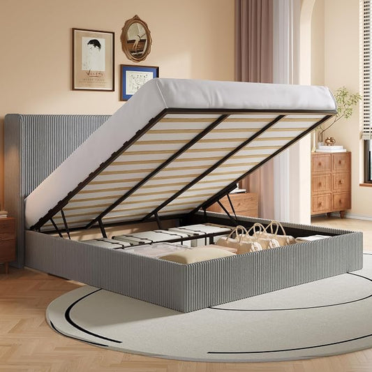 SHA CERLIN King Size Lift Up Storage Bed Frame, Modern Upholstered Wingback Headboard, Hydraulic Support & Underneath Storage, Soft Corduroy Fabric Platform Bed, No Box Spring Needed, Light Grey