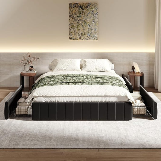 SHA CERLIN Full Size Velvet Upholstered Platform Bed Frame with 4 Storage Drawers, Vertical Channel Tufted, Low Profile, Fits Standard Headboards, Wooden Slats Support, Easy Assembly, Black