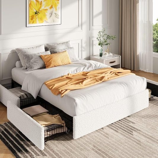 SHA CERLIN Boucle Queen Bed Frame with 4 Spacious Drawers, Platform Bed with Soft Teddy Fabric Upholstery, Sturdy Wooden Slats Support, No Box Spring Needed, Noise Free, Easy Assembly, White