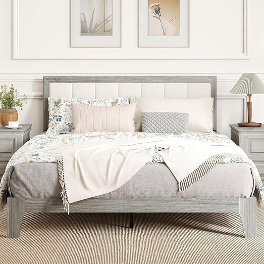 HOMCOM Queen Size Bed Frame with Upholstered Headboard, Platform Bed Frame with Wooden Slats, No Box Spring Needed, Easy Assembly, Gray