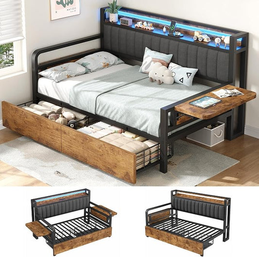 Jocoevol Twin Corner Bed Frame with Storage Drawers and LED Light, Heavy Duty Metal Daybed with Upholstered Storage Headboard & Charging Station, Twin Size Day Bed for Kids Teens Guests, Brown