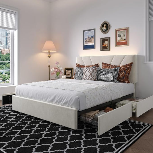 Novilla Full Size Bed Frame with Drawers, Full Size Bed Frame with Headboard, Full Bed Frame with LED Lights, Charging Station and Adjustable Headboard, No Box Spring Needed, White Velvet