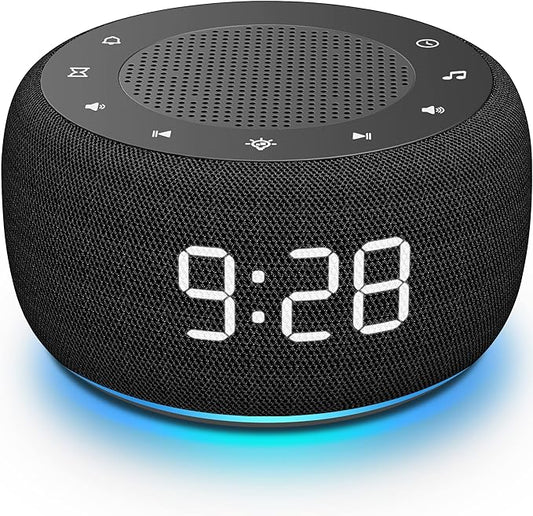 Buffbee Sound Machine & Alarm Clock 2-in-1, 0-100% Clock Face Brightness, Bottom Colored Light, Sleep Timer, Precise 30-Level Volume Control White Noise Machine