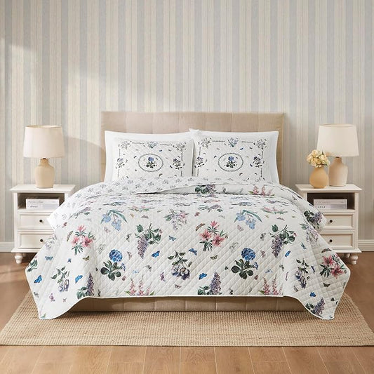 Spode – King Size Quilt Set, 100% Soft & Reversible Bedding, Hydrangea Lilac Floral & Butterfly Print, 3 Piece Bed Set with Matching Pillowcases (Portmeirion Botanic Garden)