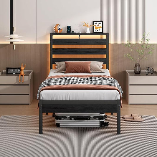 CLIBFENG Bed Frame Twin Size with USB Charging Station, LED Bed Frame with Wood Storage Headboard, Black Metal Platform Bed with Under Bed Storage, No Box Spring Needed, Noise Free