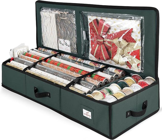 Hearth & Harbor Wrapping Paper Storage Container - Christmas Storage Bag with Interior Pockets - Gift Wrapping Organizer Storage Fits Up to 22 Rolls of 40" - Tear Proof Wrapping Paper Organizer