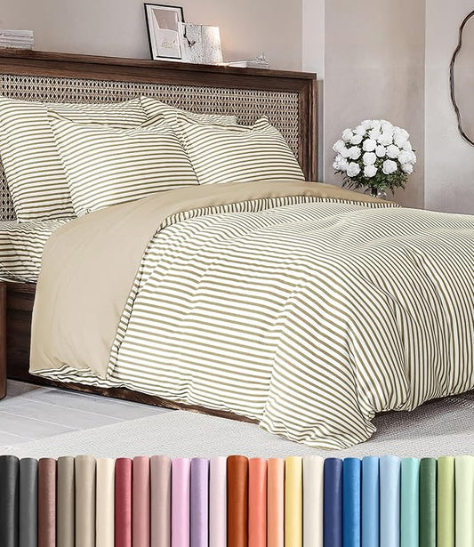 Duvet Cover Cal King Size Set - Extra Soft Cal King Duvet Cover 104" x 98" with 2 Pillow Shams - Hotel Luxury, Easy Care, Fade Free w/ Zipper Closures & Ties - Comfy, Cozy & Breathable (Beige Stripes)