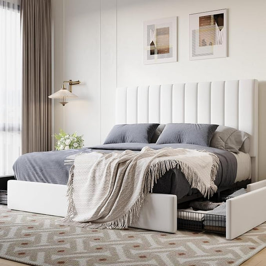 SHA CERLIN Queen Size Platform Bed Frame with 4 Storage Drawers, Vertical Channel Tufted Adjustable Headboard, Velvet Upholstered, Wooden Slats Support, No Box Spring Needed, Easy Assembly, White