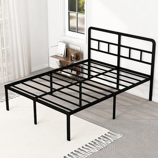 DiaOutro 18 Inch Queen Bed Frame with Headboard No Box Spring Needed, Heavy Duty Metal Queen Size Platform with Steel Slat, Mattress Foundation, Easy Assembly, Noise Free, Black