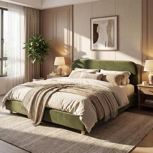 Merax Queen Size Velvet Fabric Upholstered Platform Bed with Curved Shaped Headboard, Wood Bed Frame with Solid Round Legs for Kids Teens Adults, Olive Green