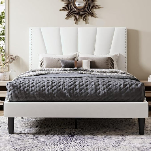 Allewie Full Size Bed Frame with Adjustable Velvet Upholstered Headboard, Rivet-Style Nailhead Trim Detail Platform Bed Frame, Wooden Slat Support, No Box Spring Needed, Easy Assembly, White