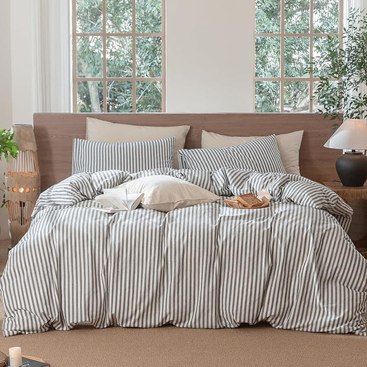 MooMee Striped Duvet Cover Set 100% Washed Cotton Linen Like Textured Breathable Durable Soft Comfy (Dark Grey White Classic Stripes, King 104"x90")