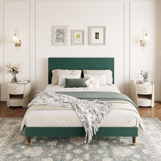 GarveeHome Full Size Bed Frame with Upholstered Headboard and Strong Wooden Slats Support, Soft Corduroy Fabric Platform Bed, No Boxing Spring Needed, Easy Assembly, Dark Green