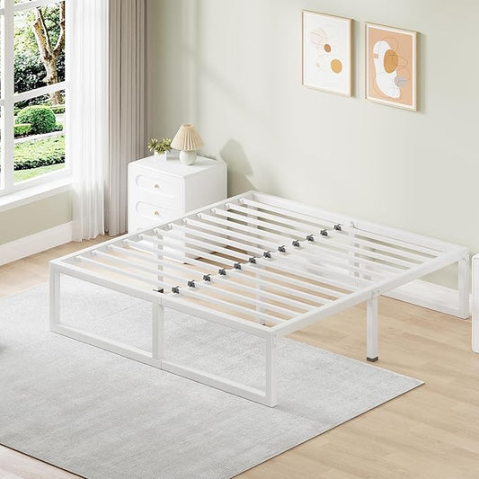 Full Size Bed Frame, 18 Inch Metal Platform Bed Frames with Squeak Free U-Slot Design, 6 Non-Slip Guards, 3500lbs Heavy Duty Steel Slat Support, No Box Spring Needed, Under Bed Storage, White