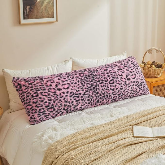 XeGe 20x54 Fluffy Leopard Print Body Pillow Cover, Cheetah Print Plush Fuzzy Faux Fur Body Pillowcase with Zipper, Farmhouse Shaggy Furry Long Pillow Cover for Women Side Sleeper, Black and Pink