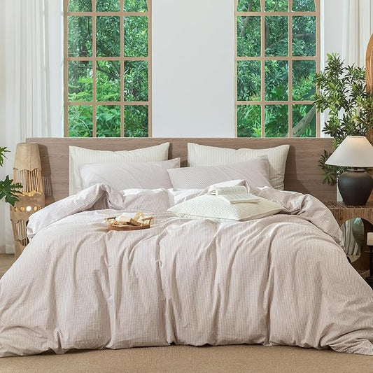 MooMee Striped Duvet Cover Set 100% Washed Cotton Linen Like Textured Breathable Durable Soft Comfy (Orange Pinstripes, Palatial King/Oversized King 120"x98")