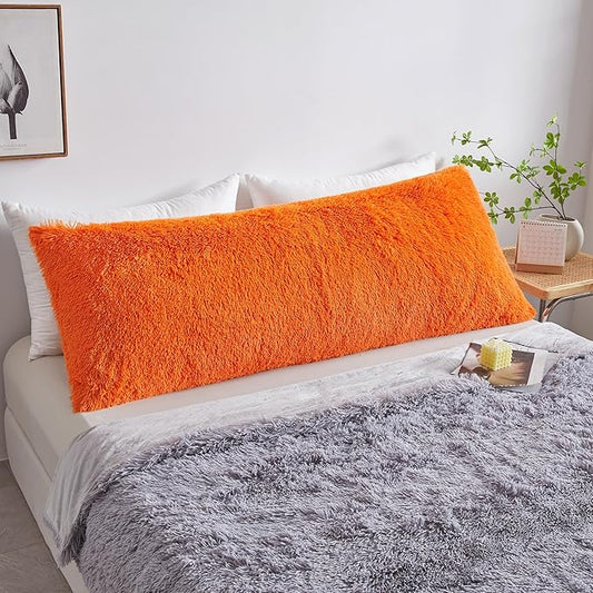 MEGO Luxury Fluffy Body Pillow Cover, 20x54 Shaggy Faux Fur Body Pillow Case, Soft Plush Fuzzy Body Pillowcase, Decorative Furry Long Bed Pillow with Zipper Closure Hug Pillow for Bedroom Orange