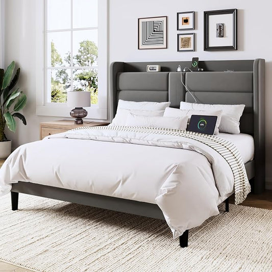Allewie Full Size Platform Bed Frame with Charging Station & Storage Headboard, Upholstered Velvet Wingback Design & USB Port, Strong Wooden Slats Support, No Box Spring Needed, Easy Assembly, Grey
