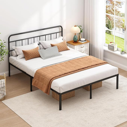 Full Bed Frame with Classic Headboard,Strong Metal Slats Support,Under Bed Storage Space,No Box Spring Needed,Easy to Assemble,Black