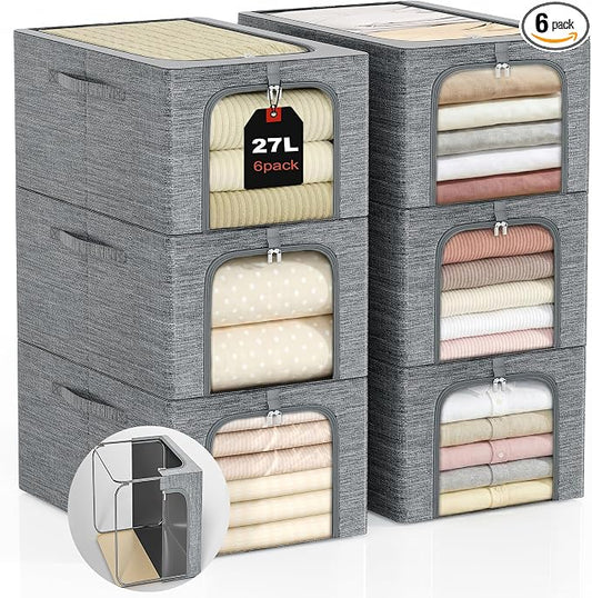 GoMaihe Clothes Storage Bins Metal Frame: 6-Pack Compact Stackable Closet Storage Bin with Lid & Clear Window, Space Saving Organizer for Sweaters Kids Clothing (Dorm/Closet 27L)