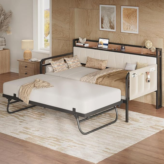 LIKIMIO Twin XL Daybed, Day Bed with Trundle, Storage Upholstered Headboard and Charging Station, Trundle Bed with Strong Supports for Living Room, Bedroom, and Guest Room, Beige