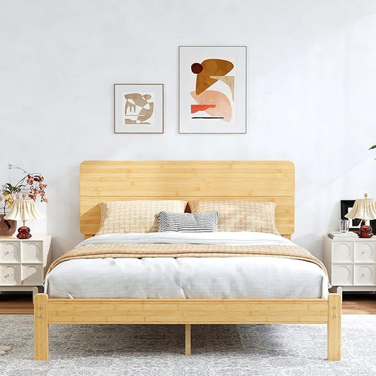BOSRII 12in High Solid Bamboo Wood Platform Queen Size Bed Frame with Headboard, Reinforced Heavy Duty Metal Slats, Noise Free, No Box Spring Needed, Easy Assembly