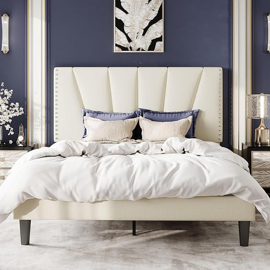 SHA CERLIN Full Size Bed Frame with Adjustable Upholstered Velvet Rivets Headboard, Sturdy Wooden Slats, Strong Platform Support for Mattress, No Box Spring Needed, Easy Assembly, Cream