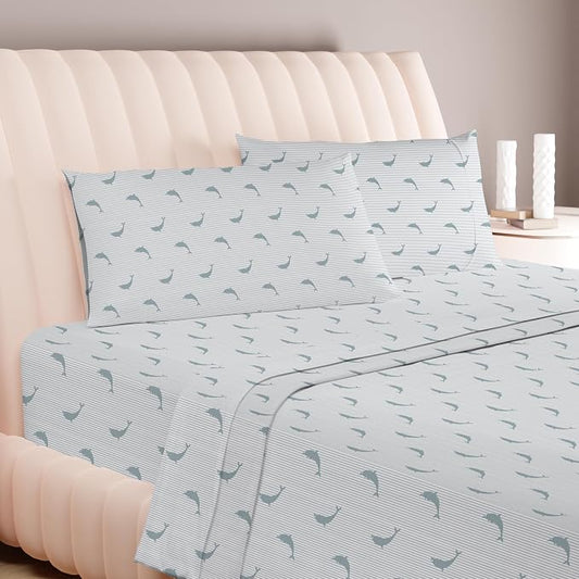 Carressa Linen 100% Egyptian Cotton King Size Sheets Set - 600 Series Hydrangeas Printed Egyptian Cotton Sheets King Size (4 PC, Green Dolphin), 16" Deep Pocket Sateen Weave Luxury Bed Sheet