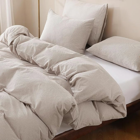 TOCOMOA Mini Gingham Tan Duvet Cover Bedding Set 100% Washed Cotton Like Linen Feel Super Soft Comfy 2 Piece Brown Small Plaid Checkered Fall Comforter Cover Set (Twin 68"x90", Comforter Not Included)