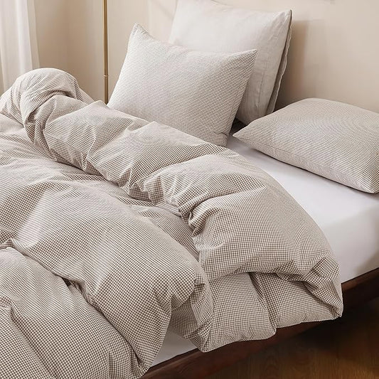 TOCOMOA Mini Gingham Tan Duvet Cover Bedding Set 100% Washed Cotton Like Linen Feel Super Soft Comfy 3 Piece Brown Small Plaid Checkered Comforter Cover Set (Queen 90"x90", Comforter Not Included)