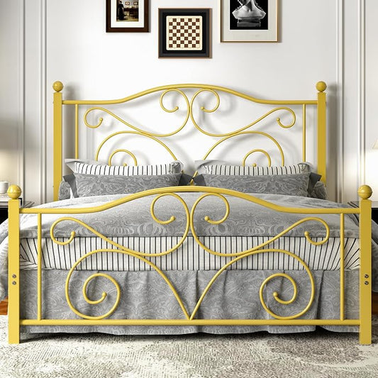 VECELO Queen Size Bed Frame with Headboard and Footboard, Heavy Duty Metal Slat Support, Platform Mattress Foundation, No Box Spring Needed, Easy Assembly, Gold