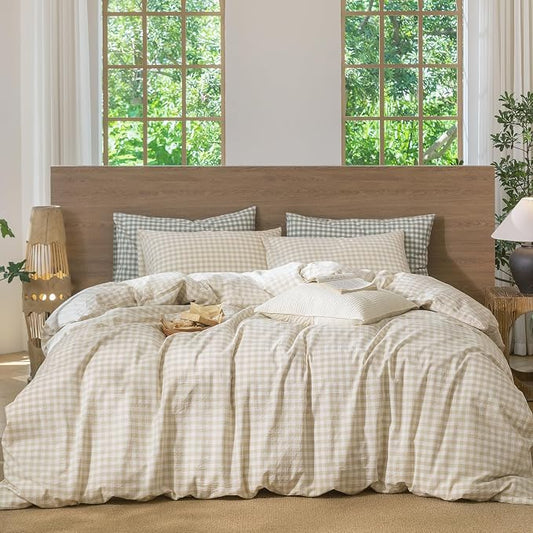 MooMee Gingham Duvet Cover Set 100% Washed Cotton Linen Like Textured Breathable Durable Soft Comfy Modern Checkered Design (Almond Milk Grey Gingham, Super King 108"x98")