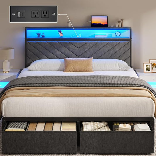Fluest Queen Bed Frame with 2 Drawers, Upholstered Headboard with Storage and Charging Station, LED Lights, Fabric Drawers with Wheels, Under Bed Storage, No Box Spring Needed, Easy Assembly, Grey
