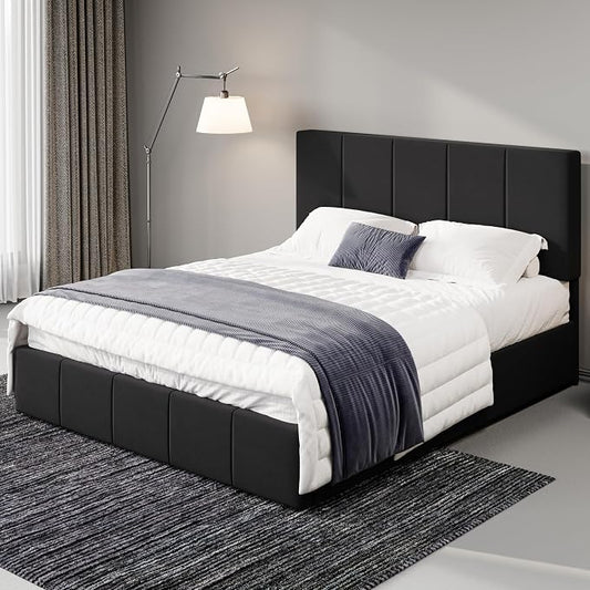 Allewie Queen Size Dutch Velvet Upholstered Platform Bed Frame/Vertical Channel Tufted Adjustable Headboard/Low Profile Bed Frame/No Box Spring Needed/Easy Assembly/Black