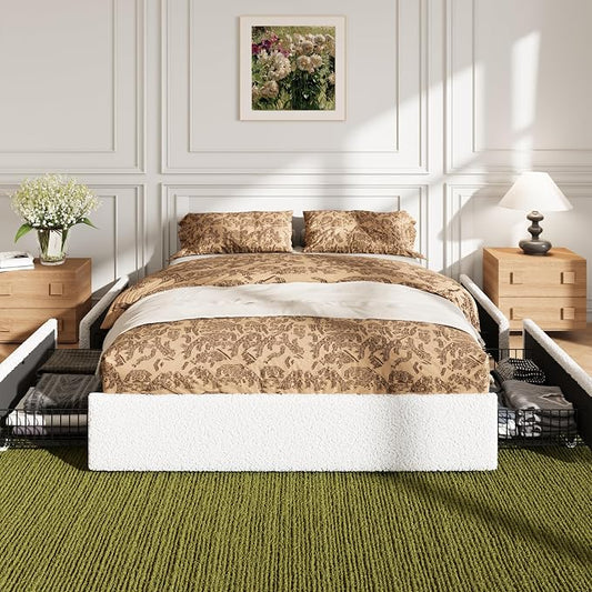 Allewie Full Size Bed Frame with 4 Oversized Storage Drawers, Soft Teddy Fabric, Boucle Upholstered Platform Bed, Wooden Slats Support, Noise-Free, No Box Spring Needed, Easy Assembly, White