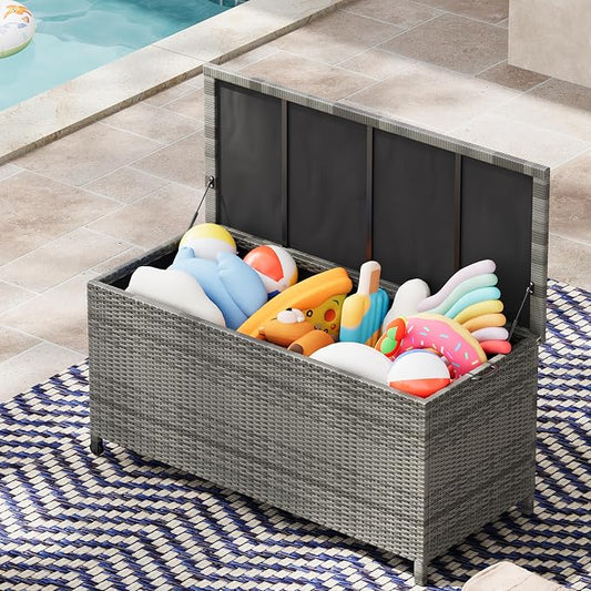 125 Gallon Outdoor Wicker Deck Box, All-Weather Waterproof Patio Storage with PE Rattan Finish & Steel Frame, for Cushions, Garden Tools, Pool Supplies, Lockable Gray Storage Box with Soft-Close Lid