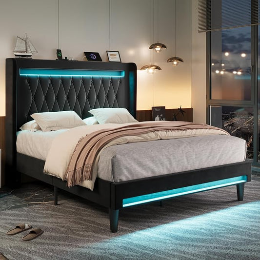 Allewie Upholstered Queen Size Platform Bed Frame with LED Light and Charging Station, Button Tufted High Headboard, Wingback Design, Noise Free, Easy Assembly, No Box Spring Needed, Black