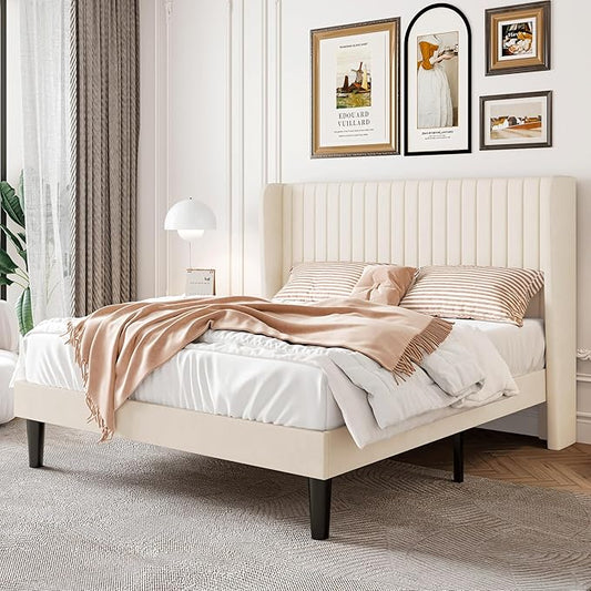 SHA CERLIN Queen Size Velvet Bed Frame with Vertical Channel Tufted Wingback Headboard, Upholstered Platform Bed with Wood Slats, No Box Spring Needed, Easy Assembly, Cream White