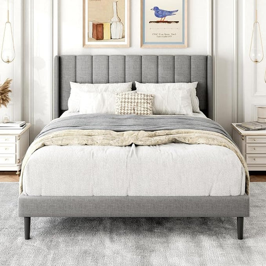 Gruwans Full Size Bed Frame with Upholstered Wingback Headboard, Easy Assemnly Platform Bed, Wooden Slat Support No Box Spring Needed, Light Gray