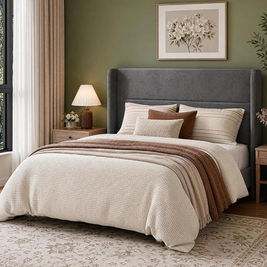 Garvee Full Size Bed Frame with Wingback Headboard, Velvet Upholstered Platform Bedframe with Wood Slats, No Box Spring Needed, Easy Assembly, Grey