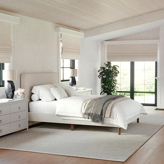 Martha Stewart Britta Platform Bed with Headboard & Footboard, Faux Linen Upholstery with Piping Detail, Rounded Headboard, No Box Spring Needed, Full, Beige