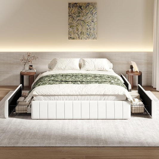 SHA CERLIN Queen Size Velvet Upholstered Platform Bed Frame with 4 Storage Drawers, Vertical Channel Tufted, Low Profile, Fits Standard Headboards, Wooden Slats Support, Easy Assembly, White