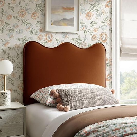Monday Athena Twin Size Performance Velvet Adjustable Headboard in Rust - with Scalloped Wave Design and Stain-Resistant Velvet Upholstery