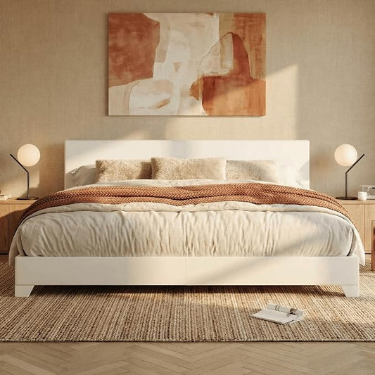 SHA CERLIN King Size Bed Frame with Adjustable Headboard, Faux Leather Upholstered Platform Bed with Wood Slats, Stable Mattress Foundation,No Box Spring Needed, Off-White