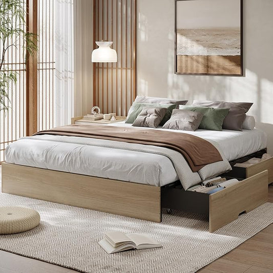 GarveeHome California King Wood Platform Bed Frame with 2 Storage Drawers, Wooden Bed Frame Without Headboard, Wood Slat Support, No Box Spring Needed, Easy Assembly